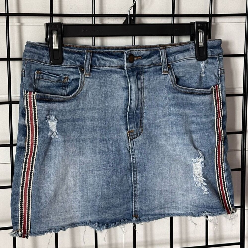 Angel Kiss Jean Skirt Womens L Blue Side Stripe Raw Hem Stretch Festival - Picture 4 of 9